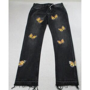 Mnml Jeans Mens 32‎ Black Butterfly Graphic Button Fly Raw Hem Denim Streetwear